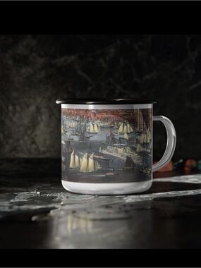 Enamel Maritime Camp Mug with NYC harbor Sailboat Print